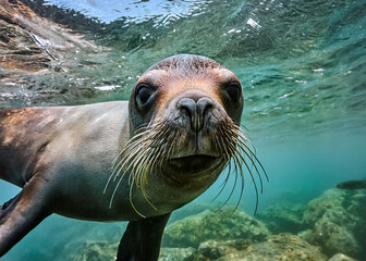 Wall Mural - a Patagonian sea lion swimming at shallow depths