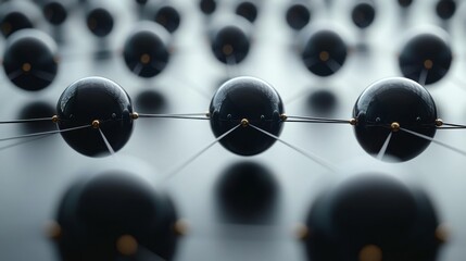 Fototapete - A detailed arrangement of interconnected black spheres demonstrates a molecular structure on a sleek, digital surface, highlighting a minimalist design.
