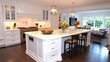 © highspirit - White kitchen island with clean lines and two minimalist bar stools