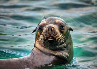 Wall Mural - a Patagonian sea lion swimming at shallow depths