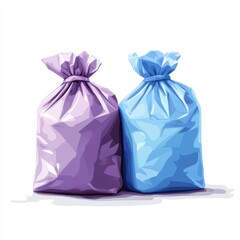 two trash bags, one purple and one blue, sit side by side.