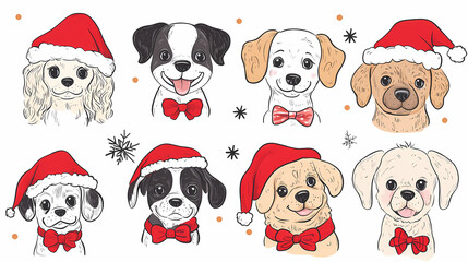 Set of cute and smiley baby dog doodles. Happy baby dog faces of dalmatian, pug, poodle, beagle with flat color, bows, hats, and scarves isolated on white. Sticker, comic, and print design.