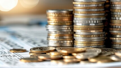 A close-up view of stacked coins and scattered currency on a surface, reflecting financial themes and economic concepts.