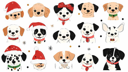 Set of cute and smiley baby dog doodles. Happy baby dog faces of dalmatian, pug, poodle, beagle with flat color, bows, hats, and scarves isolated on white. Sticker, comic, and print design.