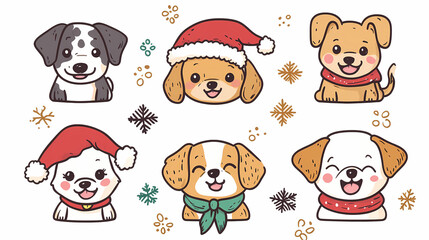 Set of cute and smiley baby dog doodles. Happy baby dog faces of dalmatian, pug, poodle, beagle with flat color, bows, hats, and scarves isolated on white. Sticker, comic, and print design.