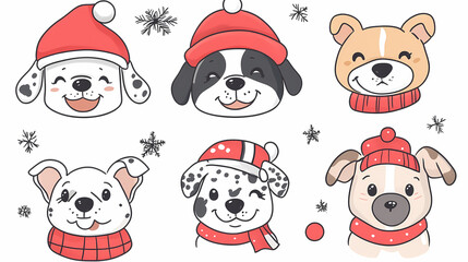 Set of cute and smiley baby dog doodles. Happy baby dog faces of dalmatian, pug, poodle, beagle with flat color, bows, hats, and scarves isolated on white. Sticker, comic, and print design.