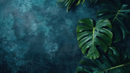 Wall Mural - vibrant green monstera leaves lay gracefully on a dark textured backdrop, highlighting their distinc