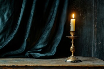 antique candlestick with burning candle on old wooden table on background black velvet curtain with generative ai