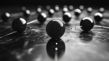 Fototapete - An artistic composition features a series of interconnected geometric shapes arranged on a dark surface, emphasizing contrast and depth. The focus is on the spherical forms and lines.