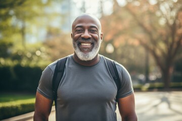 Portrait of a middle age body positive african american man in sporty clothes smiling after running in the city park