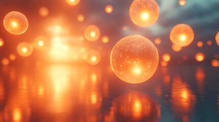 Brightly colored orbs illuminate the scene, creating an otherworldly atmosphere above a reflective surface as twilight descends. The soft glow enhances the surreal environment.