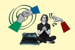 © deagreez - Creative collage picture young man thoughtful minded smartphone digital device agreement support unity fists typewriter oldschool machine