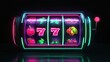 © Анатолий Сав - The glowing reels of a classic slot machine spin, showcasing vibrant symbols like cherries, sevens, and bars in a dark arcade setting. Generative AI
