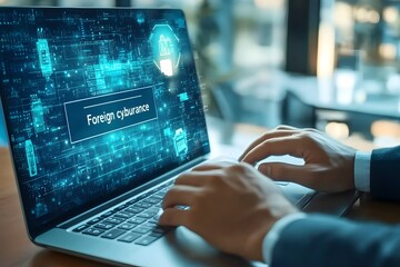 a professional working on a laptop with a digital interface displaying 