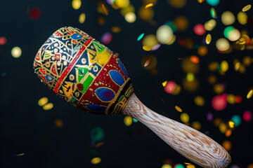 Wall Mural - A colorful, intricately designed wooden maraca against a dark background, surrounded by vibrant confetti. The maraca features traditional patterns and bright colors, creating a festive atmosphere.