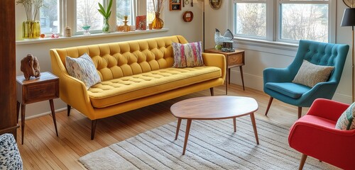 A cozy living room featuring retro furniture, including a mid-century modern sofa and colorful armchairs, complemented by antique side tables and vintage decor items.