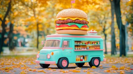 Vintage Burger Food Truck with Giant Burger Model Parked in a Green Urban Park