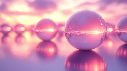 Poster - Translucent spheres are arranged in a tranquil setting, reflecting a pastel sunset that paints the sky in soft hues of pink and purple during the evening.
