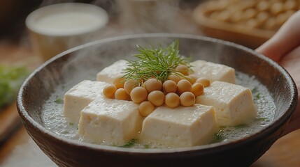 Steaming bowl of tofu with soy beans and a sprig of dill.