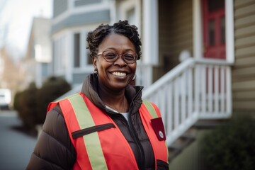 Wall Mural - Smiling portrait of a body positive middle aged African American delivery woman