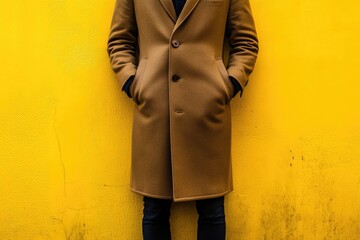 Wall Mural - A person standing against a bright yellow wall wearing a coat, suitable for use in business or education settings