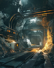 A dimly lit underground mine showcasing complex machinery and rugged rocks in a mystical atmosphere