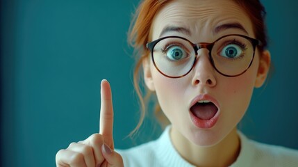 surprised woman in glasses pointing