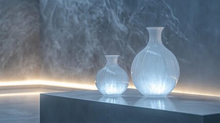 Wall Mural - Two Glass Vases Illuminated by Soft Light on a Sleek Podium with a Minimalist Background