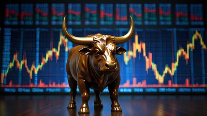 A bull statue in front of a stock market graph, symbolizing bullish trends and market growth.