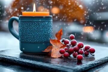 A glowing candle next to a textured mug and bright red berries captures warmth and coziness amidst the gentle snowfall and autumn leaves on a cold day.