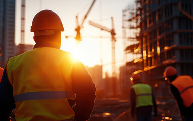 Construction worker observes sunset at a building site, showcasing dedication and hard work in urban development.