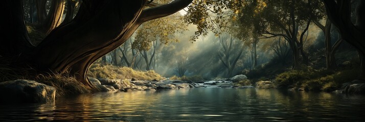 Wall Mural - A serene forest stream glistens as sunlight filters through the trees, creating a peaceful atmosphere.