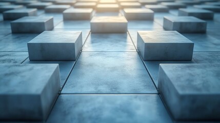 Poster - The pathway features a series of square concrete tiles arranged neatly, illuminated by gentle morning light. The perspective highlights depth and symmetry, creating a tranquil atmosphere.