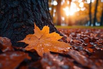 An autumn leaf sits against a tree trunk, surrounded by fallen leaves at dawn. The warm hues and gentle light form a serene, nostalgic, and peaceful scenery.