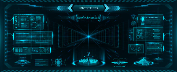 Wall Mural - Futuristic HUD interface, game UI vector graphic elements. Hologram screens of future technology dashboard with virtual control panel, graphs and maps. Space game futuristic head up display interface