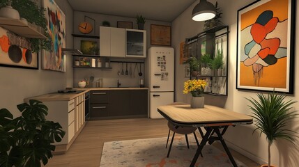 Wall Mural - A modern city apartment with a stylish design featuring a compact kitchen, a foldable dining table, and a cozy living area adorned with decorative plants and art.