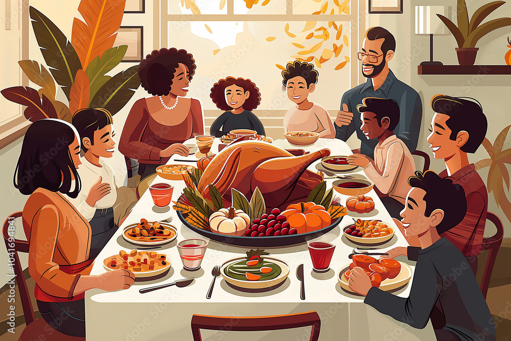 This vibrant illustration showcases a festive dinner table filled with ...