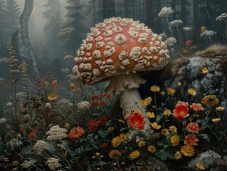 Canvas Print - Enchanted Forest: A Red Mushroom Amidst Wildflowers