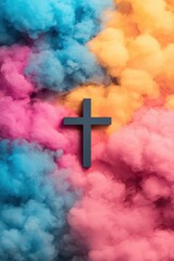 Sticker - A vibrant cross silhouette set against a colorful smoke background, symbolizing faith and spirituality in a modern artistic style.