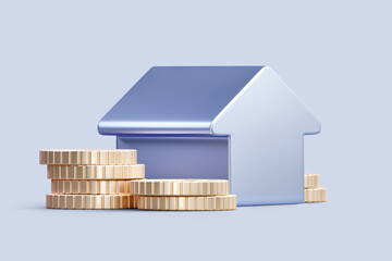 Wall Mural - 3d house is between stacks of money. planning savings money to buy a home concept for property ladde