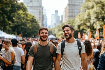 Two smiling men walk through a crowded urban park, surrounded by people and greenery, wearing casual clothing and backpacks under clear skies.