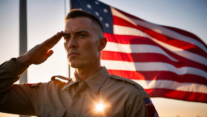 Young soldier saluting american flag at sunset, showing patriotism and military service