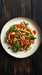 Canvas Print - Sesame chicken salad with snow peas and cilantro arranged on a dark wood table