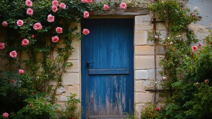 Wall Mural - Cozy cottage entry framed by a blue door, vibrant roses climbing on weathered stone, and greenery adding a touch of rustic charm to the peaceful surroundings.