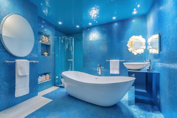 Wall Mural - Modern Blue Bathroom Interior: Featuring Bath, Shower, and Stylish Decor