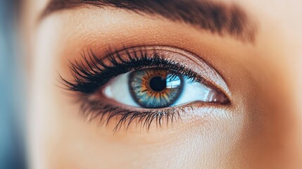 Detailed macro of a woman eye, framed by natural makeup and full, dark lashes, highlighting her iris and overall beauty.