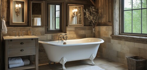 Wall Mural - A rustic bathroom featuring a clawfoot tub, natural wood accents, and stone tiles, with vintage mirrors and soft, warm lighting creating a relaxing atmosphere.