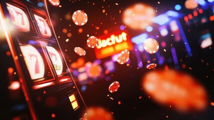 Fototapete - Coins and poker chips burst into the air celebrating a jackpot win at the exciting casino, illuminated by bright lights. Generative AI