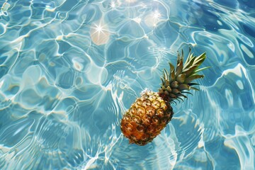 Floating pineapple in sparkling blue pool water