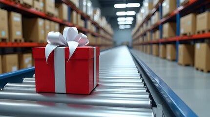 Red gift box rides a conveyor belt in a warehouse; holiday delivery concept.